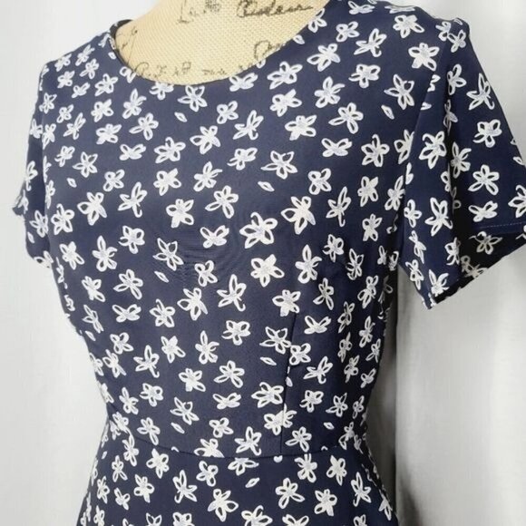 Y2K Navy Blue White Doodle Flower Babydoll Dress - Picture 2 of 9
